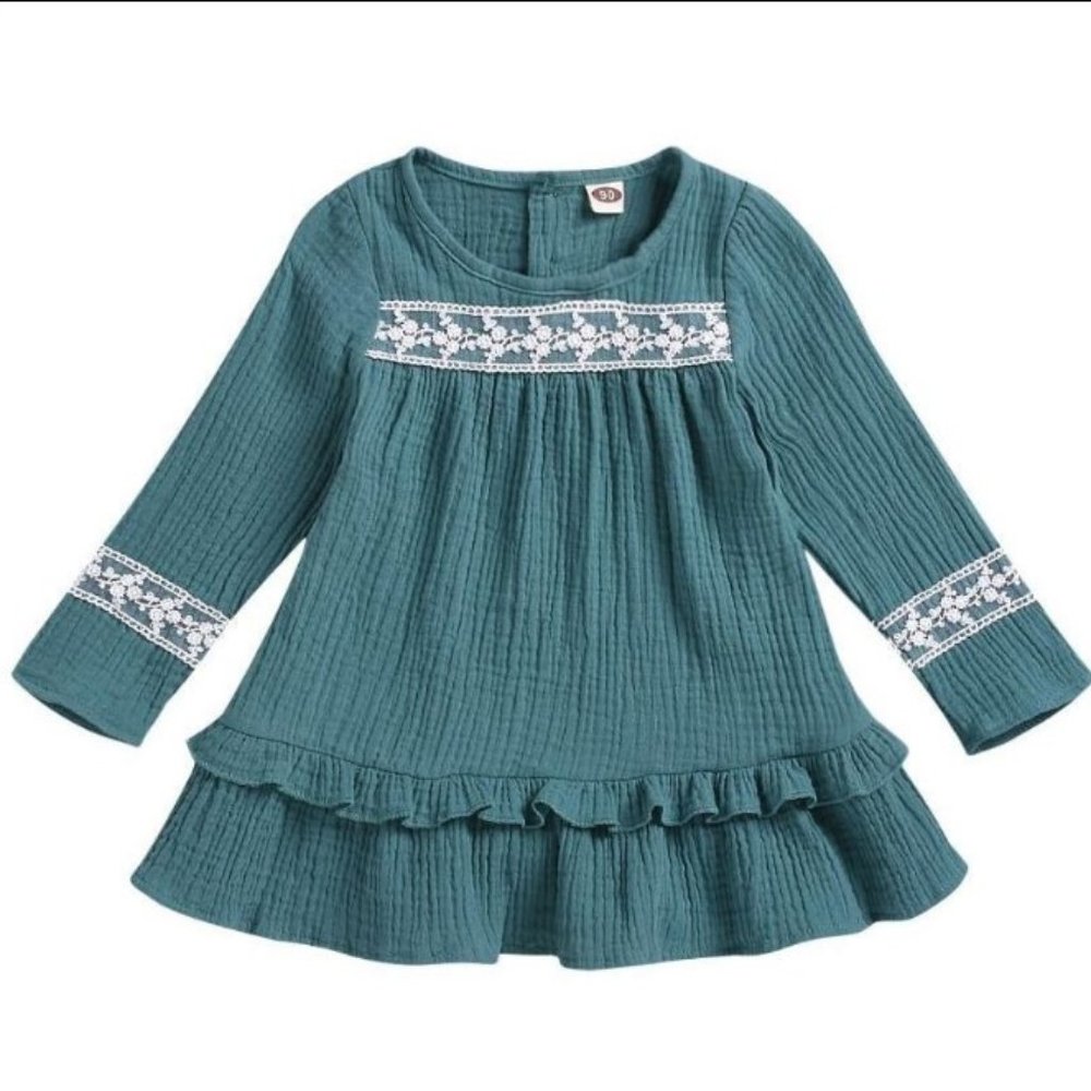 Girls Soft Muslin and Lace Dress-Blue